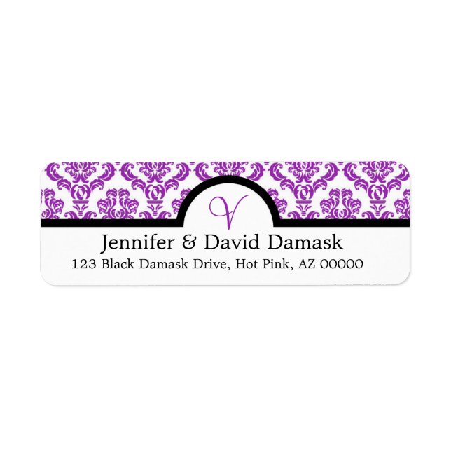 Purple Damask Monogramme V Mariage Étiquette (Devant)