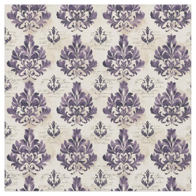Purple Damask on Handwritten Paper Fabric (Close Up)