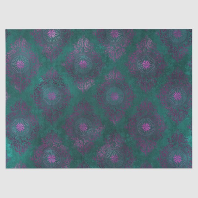 Purple Damask on Teal Decoupage Tissue Paper (Front)