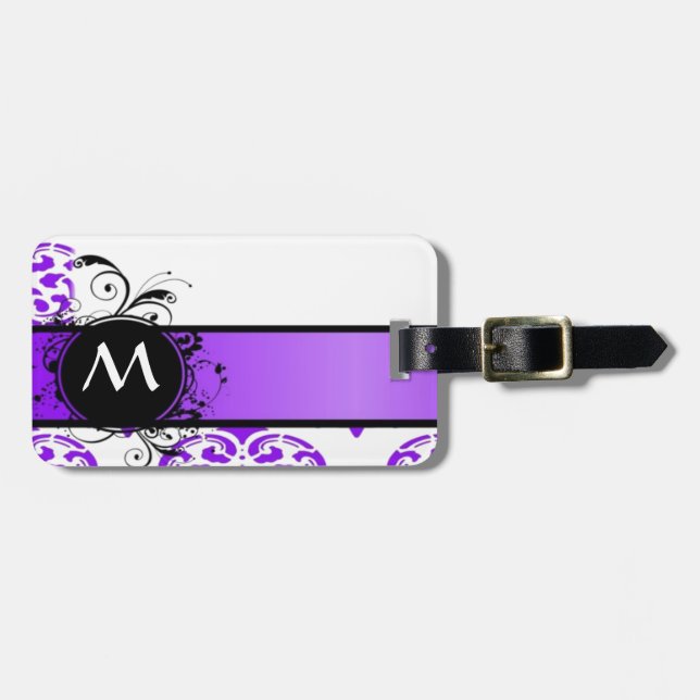 Purple damask pattern and monogram luggage tag (Front Horizontal)