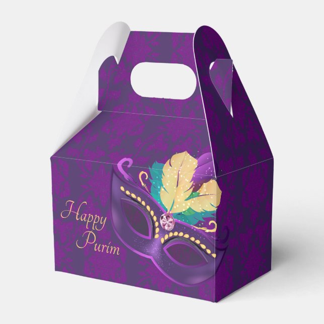 Purple Damask Purim Mask Party Favor Box (Front Side)