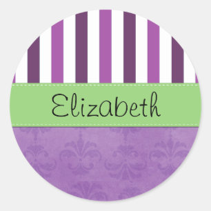 Purple Damask, Purple Stripes, Striped, Your Name Classic Round Sticker