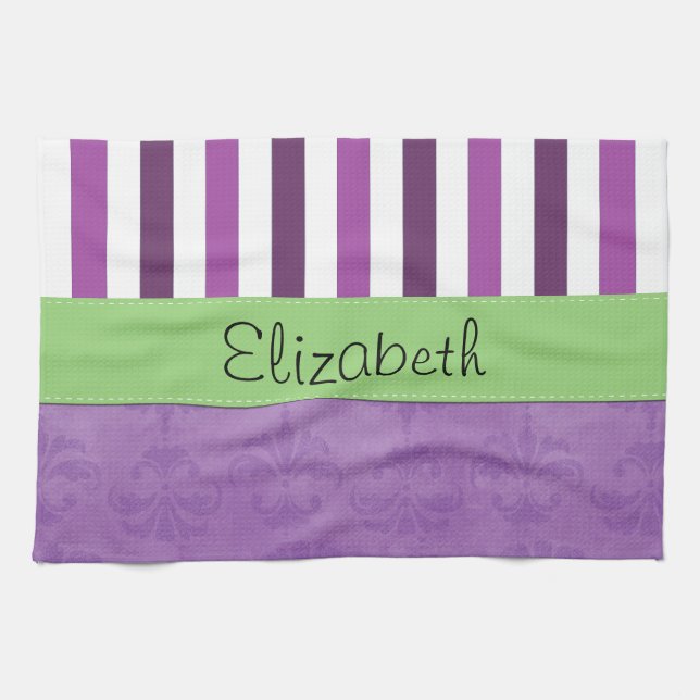 Purple Damask, Purple Stripes, Striped, Your Name Kitchen Towel (Horizontal)