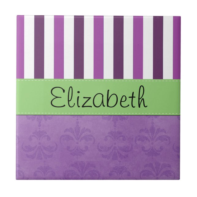 Purple Damask, Purple Stripes, Striped, Your Name Tile (Front)