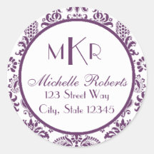 Purple Damask Round Return Address Label