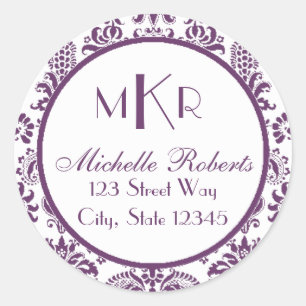 Purple Damask Round Return Address Label