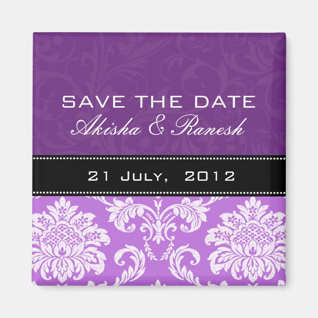Purple Damask Save the Date Magnet (Front)