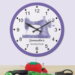 Purple Damask Sewing Machine Large Clock<br><div class="desc">This sewing themed wall clock is printed with a vintage sewing machine graphic image done in a purple damask applique. Personalize the text in the easy Zazzle editor for your favourite sewing or quilting enthusiast. Great wall decor gift for any sewing or crafting space. Available in your choice of round...</div>