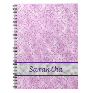 Purple Damask Silver Monogram Notebook