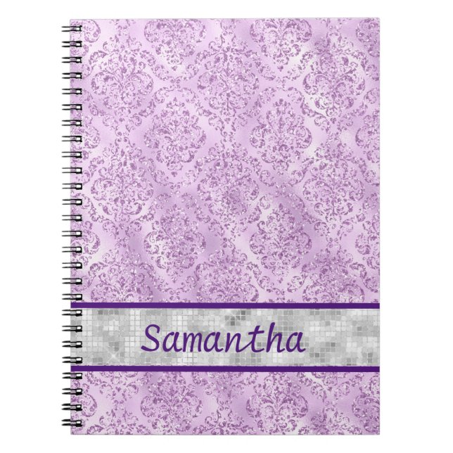 Purple Damask Silver Monogram Notebook (Front)