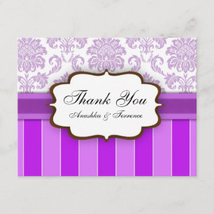 Purple Damask Stripe Wedding Thank You Card