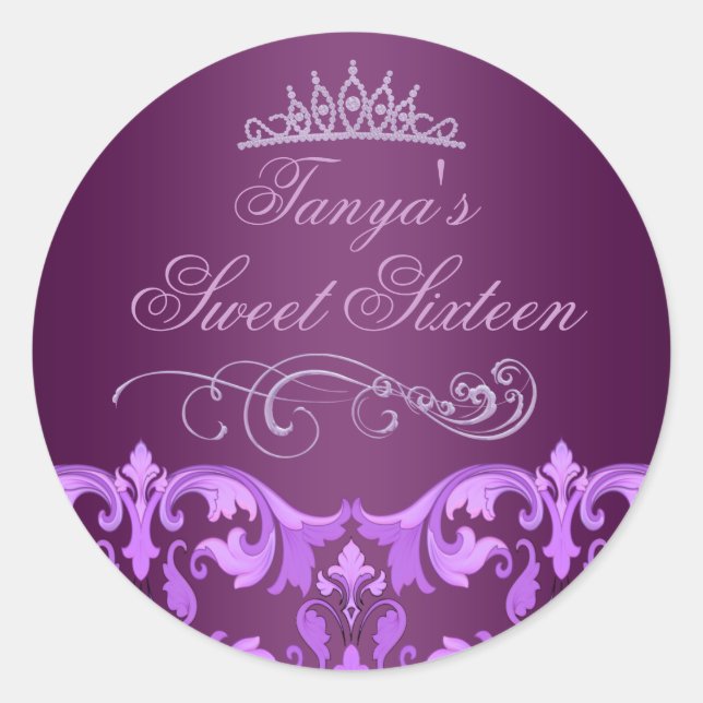 Purple Damask/Tiara Sweet 16 Envelope Sticker/seal Classic Round Sticker (Front)