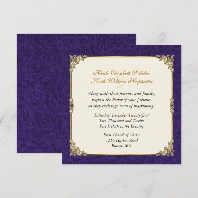 Purple Damask & Vintage Gold Wedding Invitation (Front/Back)