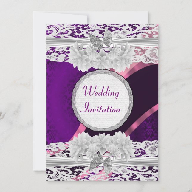 Purple damask  vintage white lace wedding invitation (Back)