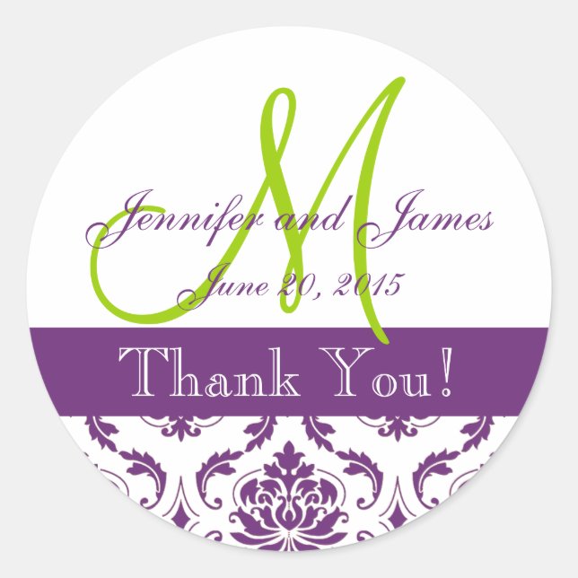 Purple Damask Wedding Favour Sticker (Front)