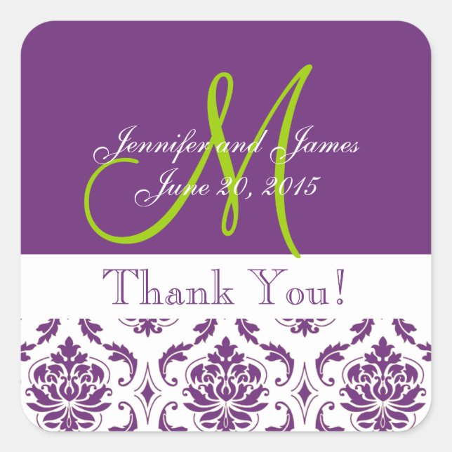 Purple Damask Wedding Favour Thank You Square Sticker (Front)