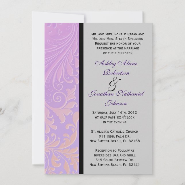 Purple Damask wedding invite (Front)