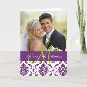 Purple Damask Wedding Photo Thank You Card