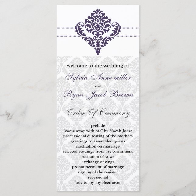 purple damask Wedding program (Front)