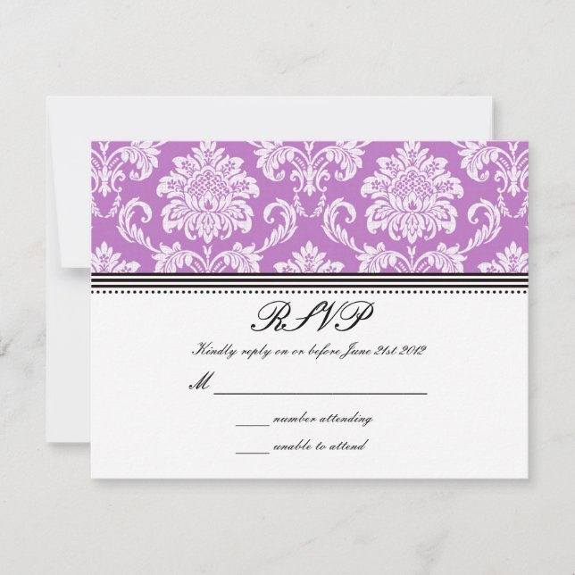 Purple Damask Wedding RSVP Card (Front)