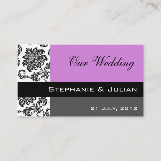 Purple Damask Wedding Website Business Card (Front)