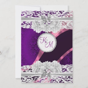 Purple damask white lace monogram wedding invitation