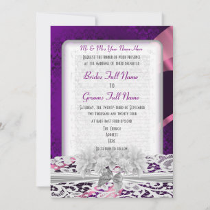 Purple damask white lace wedding invitation