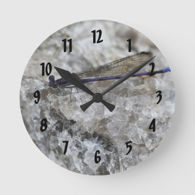 Purple Damsefly On Quartz Rock Nature Round Clock (Front)