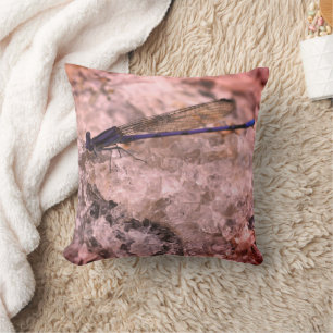 Purple Damselfly On Quartz Rock Close Up  Throw Pillow