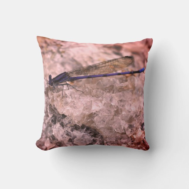 Purple Damselfly On Quartz Rock Close Up  Throw Pillow (Front)