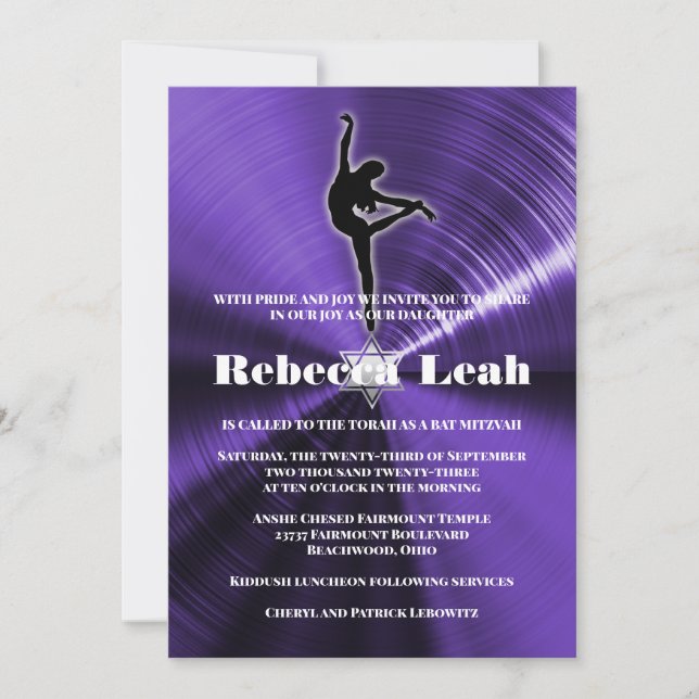 Purple Dance Dancing Dancer Bat Mitzvah Invitation (Front)