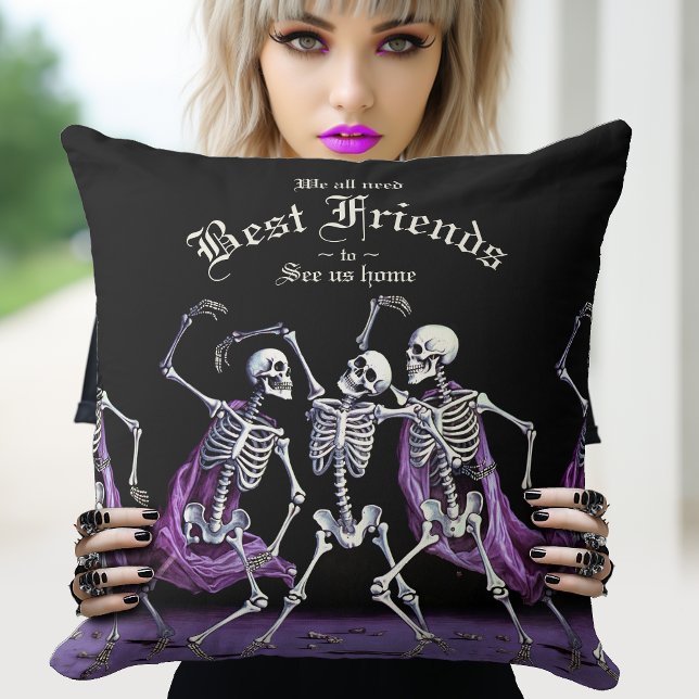 Purple Dancing Skeletons Halloween Gothic  Throw Pillow (When you need a friend or two to help you home. This pillow is the perfect gothic best friends gift.)