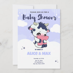 Purple Dark Blue Cow White Cloud Baby Shower  Invitation