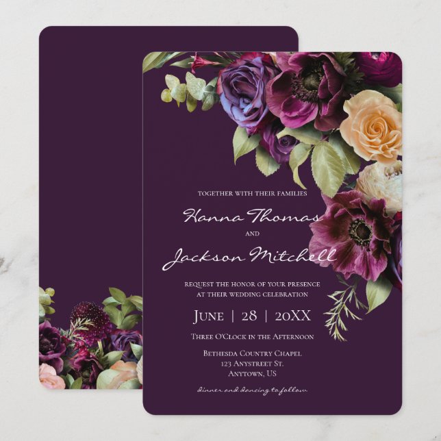 Purple Dark Moody Elegant Floral Wedding Invitation (Front/Back)