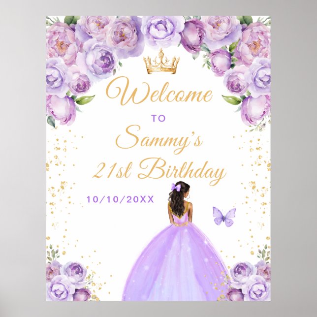 Purple Dark Skin Princess Birthday Welcome Poster (Front)