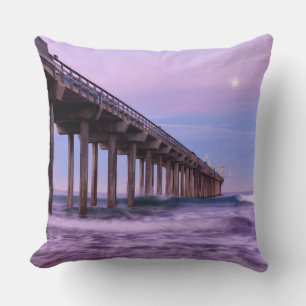 Purple dawn over pier, California Throw Pillow