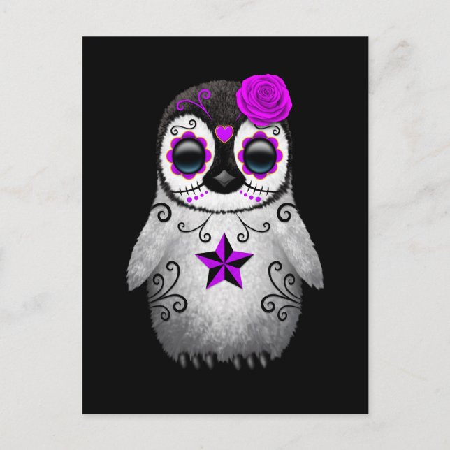 Purple Day of the Dead Sugar Skull Penguin Black Postcard (Front)