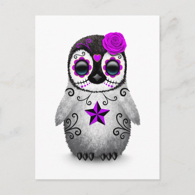 Purple Day of the Dead Sugar Skull Penguin White Postcard (Front)
