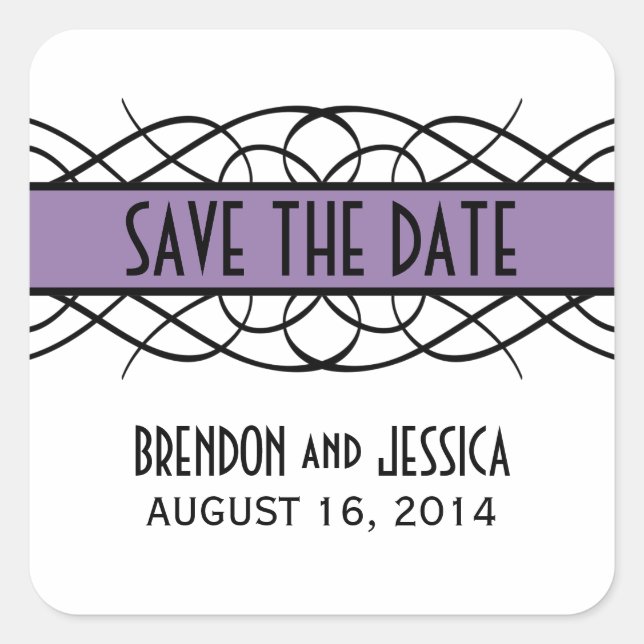 Purple Deco Flourish Save the Date Stickers (Front)