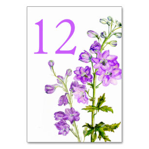 Purple delphinium art wedding table numbers