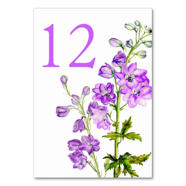 Purple delphinium art wedding table numbers (Front)