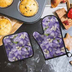 Purple Delphinium Blooms Floral Oven Mitt & Pot Holder Set