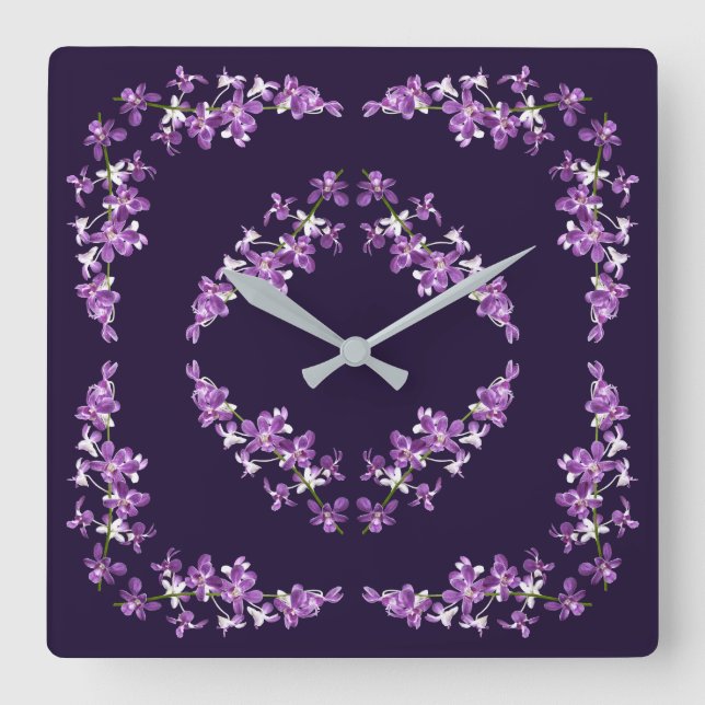 Purple Dendrobium Orchids Motif Square Wall Clock (Front)