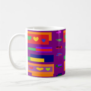 Purple design with mixed coloured hearts stripes coffee mug