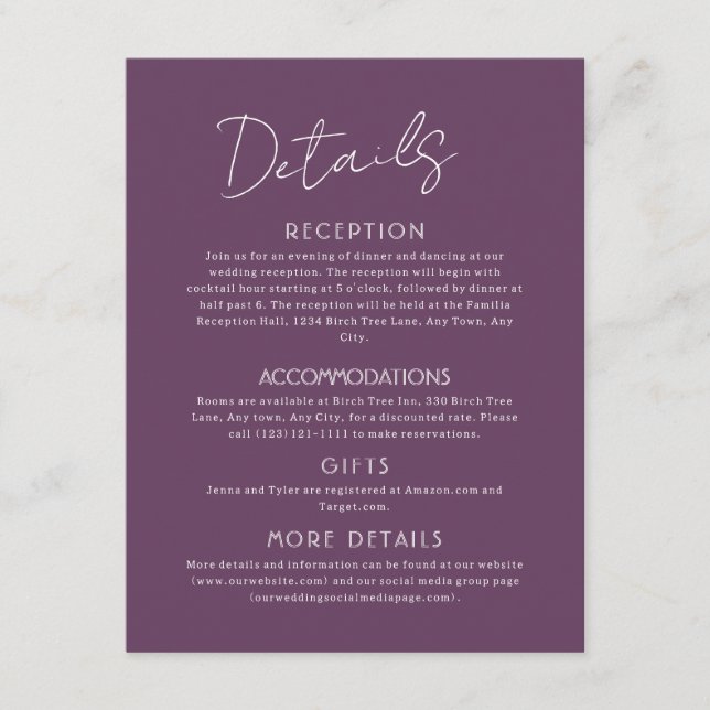 Purple Details Large Wedding Enclosure Card (Front)