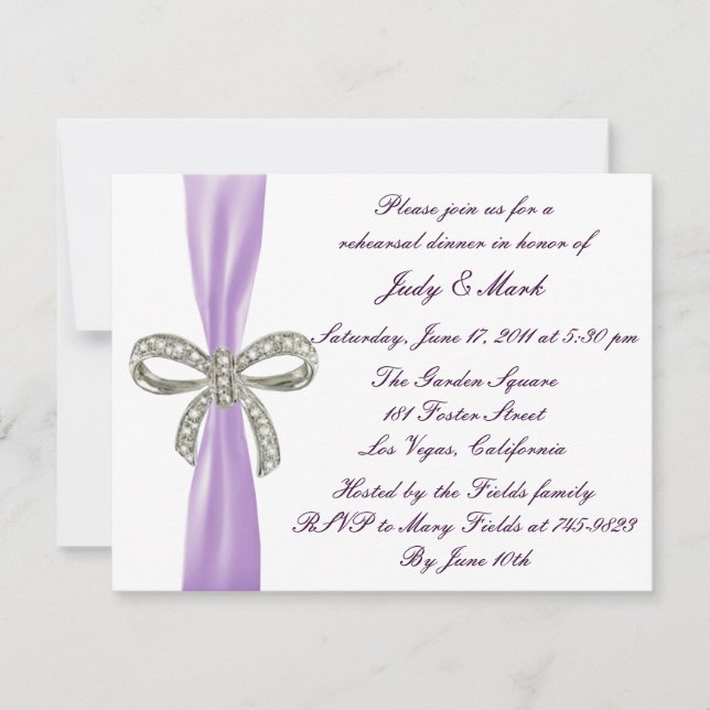 Purple Diamond Bow Wedding Rehearsal Dinner Invite (Front)