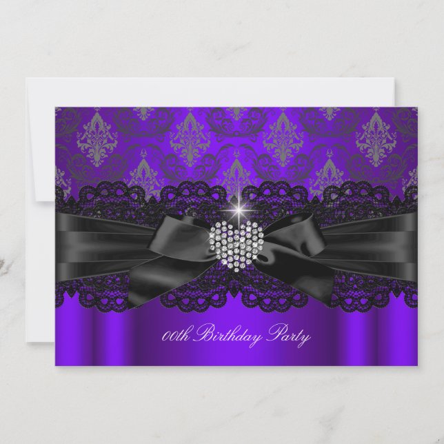 Purple Diamond Heart Damask Birthday Party Invitation (Front)
