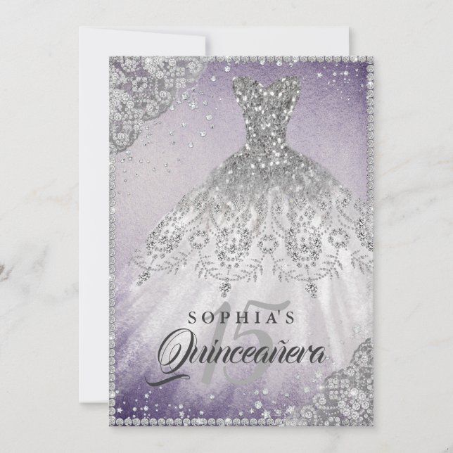 Purple Diamond Lace Sparkle Gown Quinceanera Invitation (Front)