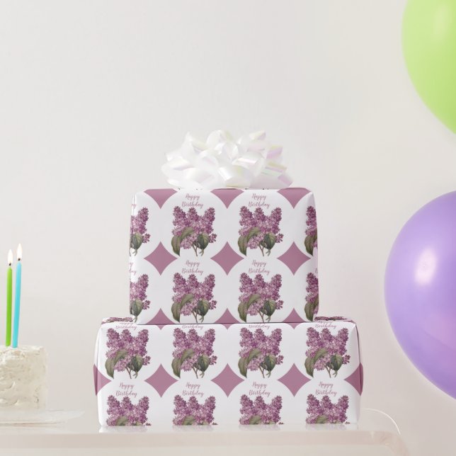 Purple Diamond Print with Lilac Flowers Birthday Wrapping Paper (Party Gifts)