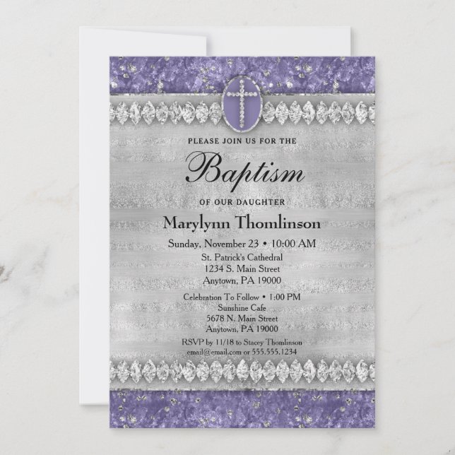 Purple Diamonds Baptism Invitation Communion Bling (Front)